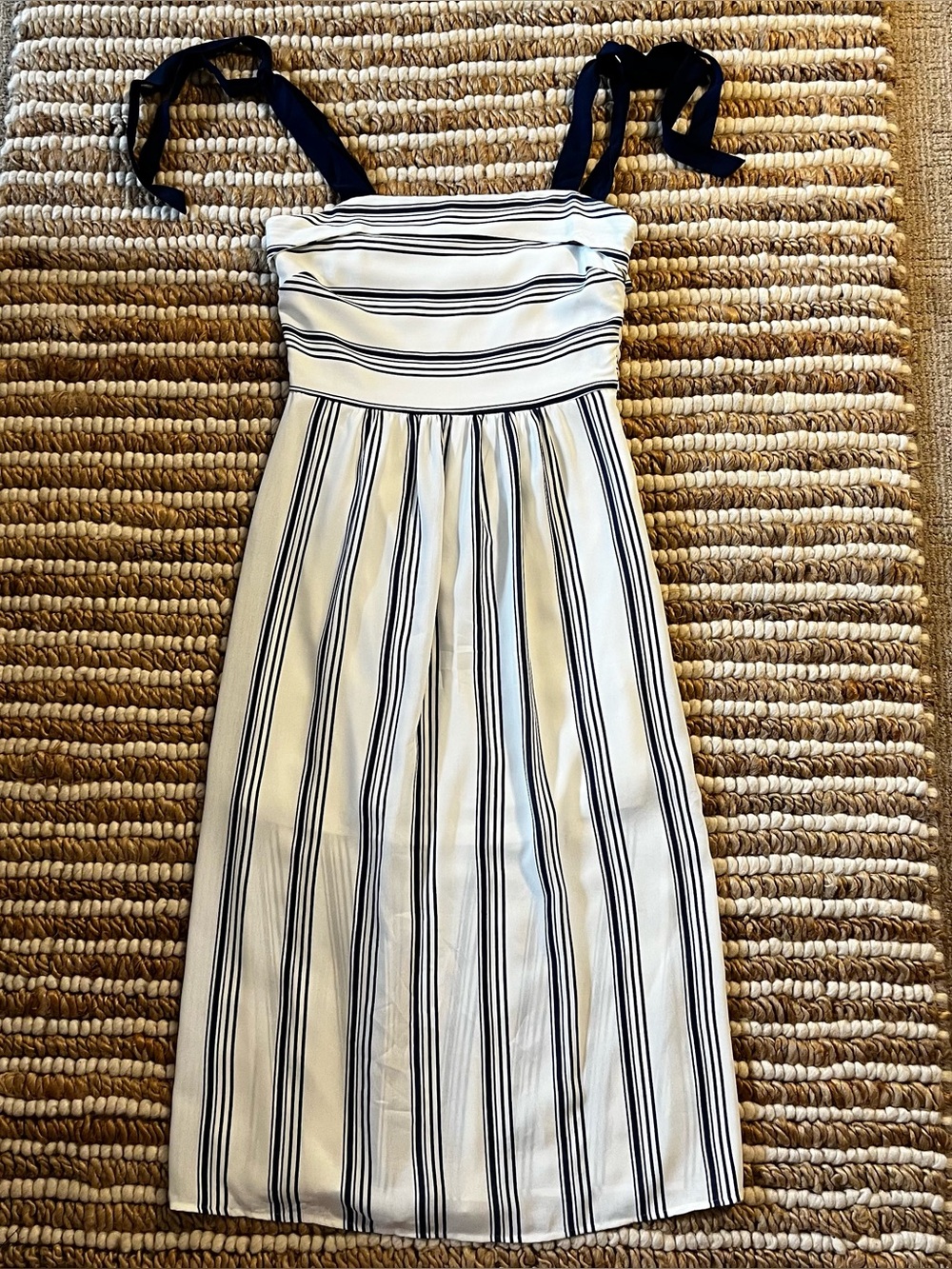 Striped White and Navy Midi Sundress with Tie Straps